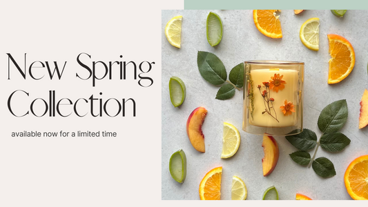 spring candle collection, pictured is clear sound wall candle, with orange flowers, aroudnthe candle are cut oranges , aloe plant and peach to highlight the scent notes.